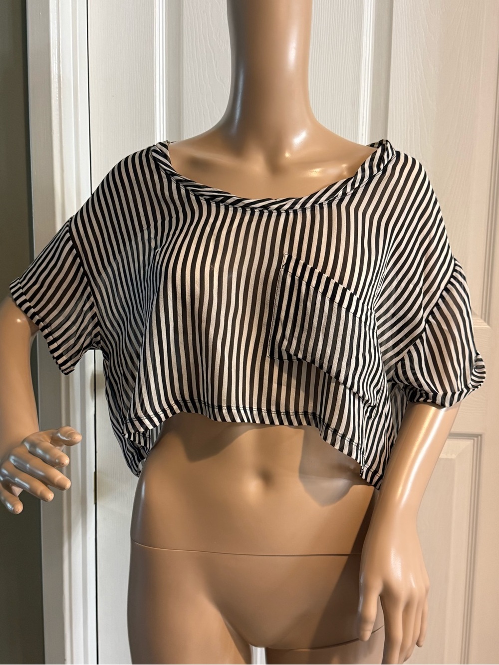 Reformation Silk Striped Cropped Top Size S Black White Pocket Slouchy Oversized